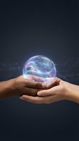 Two hands holding glowing energy sphere with blue and purple light effects against dark background, representing innovation, technology, and future concepts for business and science applications.