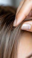 Close-up of fingers with french manicure examining straight brown hair strands, demonstrating hair care and scalp inspection technique for beauty and health.