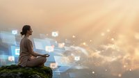 Young Asian woman meditating in lotus pose on rock, surrounded by floating digital screens and glowing light rays, digital detox concept.