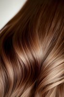 Close-up of glossy brown hair with caramel highlights showing smooth texture and natural shine, ideal for beauty and haircare advertising.