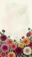 Watercolor dahlia flowers border frame with soft pastel background for wedding invitations, greeting cards and floral design projects.