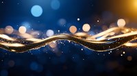 Golden flowing wave with sparkling particles and bokeh lights on dark blue background for luxury design projects and elegant presentations.