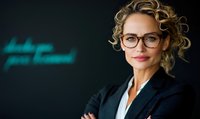 Professional businesswoman with curly blonde hair and glasses wearing black blazer, arms crossed, confident smile against dark background with teal signage.