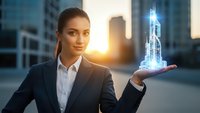 Professional businesswoman holding holographic skyscraper model in urban setting at sunset for real estate technology and smart city development concepts.