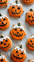 Halloween pumpkin cookies with orange icing and spooky faces arranged on white background for seasonal baking and party treats.