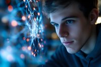 Young Caucasian male teenager with blue eyes looking at glowing digital network connections and data visualization in futuristic technology environment.