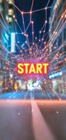 Glowing neon START text surrounded by connected light nodes and network lines against urban background with bokeh lights and reflective surface.