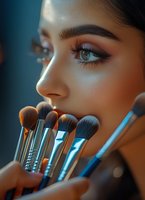 Close-up profile of young Middle Eastern woman with professional makeup and brushes, dramatic lighting highlights perfect eyebrows and smokey eye against dark background.