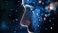 Digital human face profile dissolving into glowing particles with bokeh lights background for technology and artificial intelligence concepts.