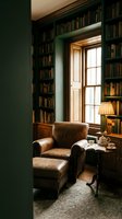 Cozy home library reading nook with leather armchair, built-in bookshelves, warm window light and vintage lamp creating scholarly atmosphere for relaxation.