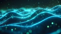 Glowing turquoise waves with sparkles and bokeh effects on dark background create futuristic abstract pattern for technology and science designs.