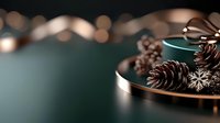 Pine cones and snowflake decorations on dark green plate with copper metallic rim against blurred bokeh background, winter holiday composition.