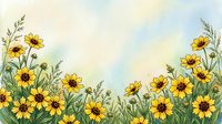 Watercolor meadow border with bright yellow wildflowers and green stems on a soft pastel sky background, perfect for cards and prints.