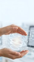 Hands holding glowing digital spiral layers representing data protection, cloud computing, and technology innovation in modern business environment.