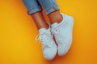 White sneakers and rolled up blue jeans on bright yellow background. Minimalist fashion composition showing casual footwear and denim style for modern lifestyle.