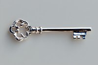 Ornate silver skeleton key with decorative floral bow design on light gray background, isolated for design projects and creative use in jewelry or decorative elements.