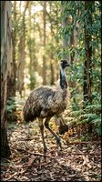 Wild emu standing in natural eucalyptus forest habitat with dappled sunlight filtering through trees creating peaceful Australian bushland scene.