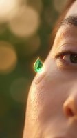 Close-up of young woman's face with glowing green teardrop on cheek in warm sunlight, emotional healing and environmental awareness concept.