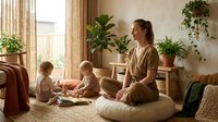 Young mother practicing mindfulness meditation while children play quietly nearby in cozy living room filled with houseplants and natural light.