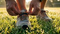 Athlete tying laces on running shoes outdoors on grass field during golden hour sunset, ready for training or jogging exercise.