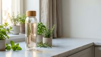 Glass water bottle with bamboo cap and fresh herbs on kitchen counter near window with natural light for healthy hydration lifestyle.