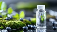 Small glass bottle with clear water surrounded by fresh blueberries and green moss on dark stones, natural spa and wellness concept for skincare products.