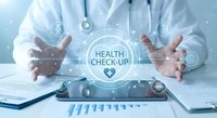 Doctor in white coat with stethoscope presenting digital health check-up interface with glowing medical icons and technology elements for healthcare services.