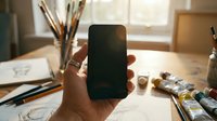 Artist holding smartphone with blank screen in creative studio workspace with paintbrushes, watercolors and art supplies on wooden desk near window.