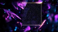 Glowing neon square frame with floating purple and blue feathers on dark background, mystical abstract composition with sparkle effect and light particles.