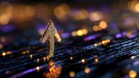 Glowing upward arrow on digital circuit board with colorful bokeh lights and reflections, representing financial growth, technology advancement and success.