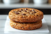 Two golden brown chocolate chip cookies stacked on white parchment paper in modern kitchen setting for bakery marketing and food advertising.