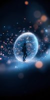 Silhouette of person standing in glowing magical sphere surrounded by sparkling lights and bokeh effects on dark blue background. Mystical fantasy concept.