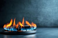 Blue and orange flames burning on gas stove burner against dark background, demonstrating energy consumption and cooking heat source for kitchen concepts.