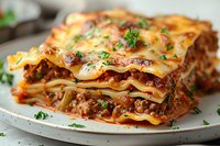 Traditional layered lasagna with meat sauce, melted cheese and fresh parsley garnish on white plate, close up view showing texture of pasta layers.
