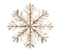 Delicate watercolor snowflake in earth tones with brown branches and gray accents on white background, winter seasonal design element for holiday decorations.