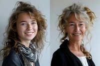 Side by side portrait comparison showing aging process with two natural beauty shots of a woman at different life stages, perfect for beauty, wellness, or lifestyle marketing.