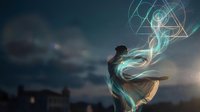 Mystical woman dancer in white dress with glowing sacred geometry symbols and swirling light smoke against dramatic night sky.