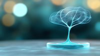 Glowing blue holographic tree with neural network branches on futuristic platform. Digital technology concept for AI, machine learning, growth and innovation presentations.