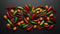 Colorful hot chili peppers arranged on dark background featuring red green orange varieties perfect for spicy food cooking culinary kitchen design projects.