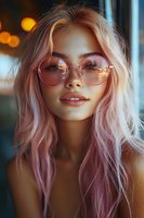 Young Asian woman with pink hair and round glasses smiling at sunset, warm bokeh lights in background, soft portrait with natural makeup and dreamy atmosphere.