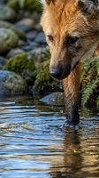Brown bear drinking water from forest stream with water droplets falling from muzzle in natural wilderness habitat during golden hour lighting.