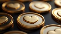 Golden heart emblems on metallic coins arranged on dark surface, luxury romantic design elements with elegant metallic finish and soft shadows.