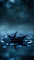 Paper boat floating on water surface during rain with bokeh lights and reflection in moody blue tones, creating atmospheric minimalist scene.