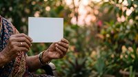 Senior woman with brown skin holding blank white card in garden setting with green foliage and warm sunlight, suitable for advertising, messaging, and promotional campaigns.
