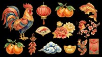 Rooster, lantern, oranges, fish, and floral elements isolated on transparent background. Ready for t-shirt design, clipart, stickers, sublimation, and print-on-demand projects.