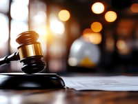 Wooden judge gavel on sound block with legal documents against blurred background with warm bokeh lights, representing law and justice system.