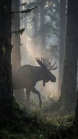 Majestic moose silhouette standing in misty forest with dramatic sunlight rays filtering through tall trees creating atmospheric wilderness scene.