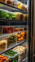 Fresh produce and ingredients in organized storage containers on refrigerator shelves, including colorful vegetables, fruits, and legumes. Modern food storage solution.
