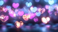Glowing heart shaped bokeh lights in pink and blue colors creating romantic atmosphere on dark background, suitable for Valentine's Day designs.