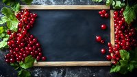 Fresh red currants with green leaves frame empty blackboard background, creating natural border for menu, recipe or seasonal food promotion text space.